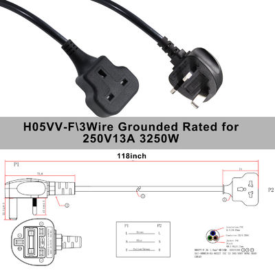 Cable de extensión de 3 clavijas del Reino Unido 1M 13A 250V CA