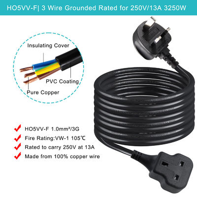1M Cable de energía eléctrica 13A 250V Ac Cable de extensión para la olla de arroz