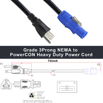 SJT SJTW Extensión de cable 3Pin USA Cordón de alimentación 3M con conector US a PowerCON