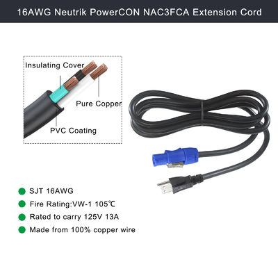 SJT SJTW Extensión de cable 3Pin USA Cordón de alimentación 3M con conector US a PowerCON