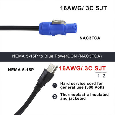 NEMA 5-15P a NAC3FCA 10A/15A Cable de alimentación estadounidense AC 14AWG NEMA5-15P a PowerCon NAC3FCA para pantalla LED