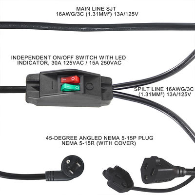 15A/125V enchufe plano en línea 1 línea principal 2 Sub Nema 515P 3Pin Y tipo splitter cable de alimentación con interruptor