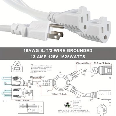 125V 13A Cordón de energía eléctrica NEMA5-15P a NEMA 5-15R 1 a 2 Y Divididor SJT 16AWG 3 alambre