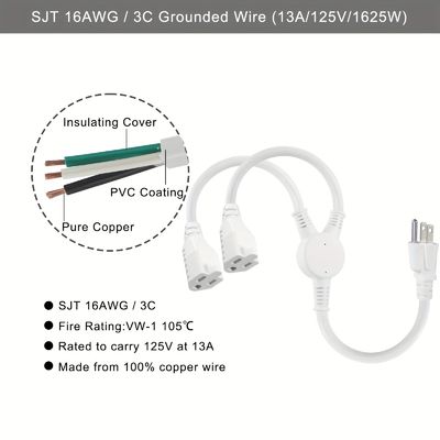 125V 13A Cordón de energía eléctrica NEMA5-15P a NEMA 5-15R 1 a 2 Y Divididor SJT 16AWG 3 alambre