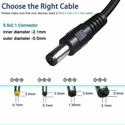 1M/1.2M 22AWG Cable de extensión DC de cobre de 90 grados Jack de ángulo recto 5.5*2.5mm