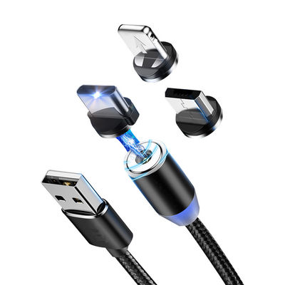 Tipo USB Micro-USB 360 grados 3 en 1 Led USB cable de adaptador magnético para carga rápida