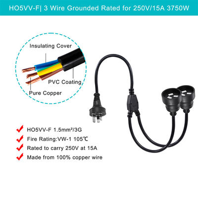 Australia Enchufe H05vv-f 3g 3 * 0.5mm2/0.75mm2 Conector IEC Cordón de alimentación con doble mujer