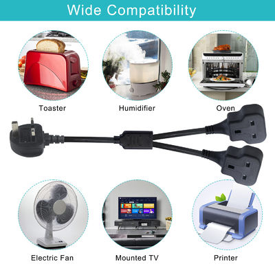 Cable de alimentación divisor en Y de Reino Unido de 3 clavijas a 2xC13 hembra, 7A-15A