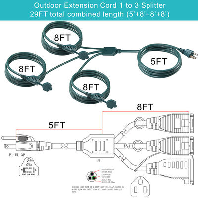 IP11 Color verde Multi Ways Us Cord 515P a 3X Nema 515R Enchufe eléctrica Mains Divididor de cable de alimentación