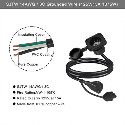 Suministro de energía SJTW de extensión de EE.UU. de macho a hembra enchufe NEMA 5-15R a convertidor impermeable