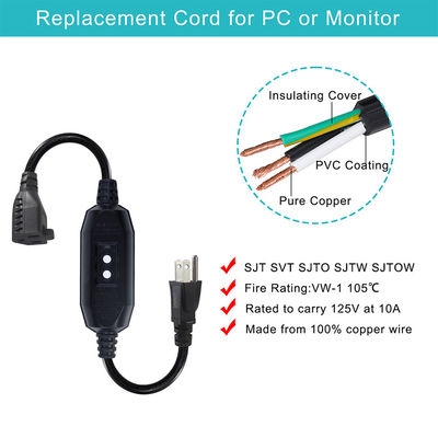 GFCI NEMA 515P a 515R Cordón de alimentación de CA para PC Cable de alimentación de computadora portátil 4 Ft Cable de extensión negro