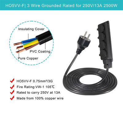Europa Schuko Cables Adaptador Tipo F enchufe Cable toma de corriente 4x tomas de corriente Eu Cable de extensión