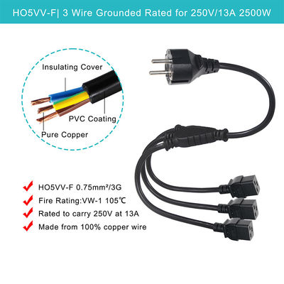 Extensión Schuko enchufe a 3X C19 enchufe femenino 16A Eu cable de alimentación con aprobado