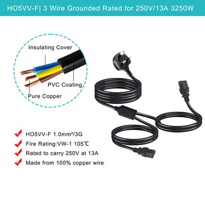 Cable de extensión de sucursal Y aprobado por BSI Reino Unido 3Pin a IEC C13 Cordón de suministro de toma de conexión femenina