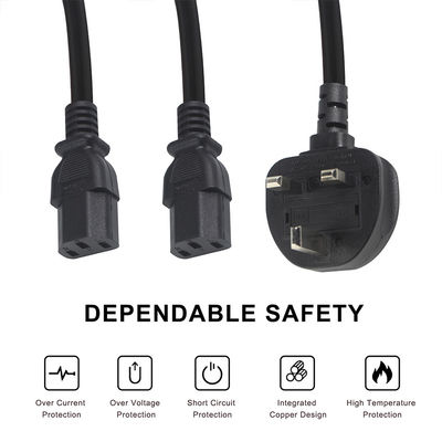 Cable de extensión de sucursal Y aprobado por BSI Reino Unido 3Pin a IEC C13 Cordón de suministro de toma de conexión femenina