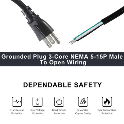 NEMA 5-15P a 10MM Cordón de extensión despojado de energía SJT SJTW 3 cables de alambre