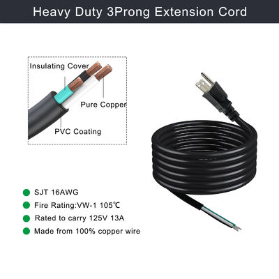 NEMA 5-15P a 10MM Cordón de extensión despojado de energía SJT SJTW 3 cables de alambre