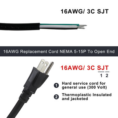 NEMA 5-15P a 10MM Cordón de extensión despojado de energía SJT SJTW 3 cables de alambre