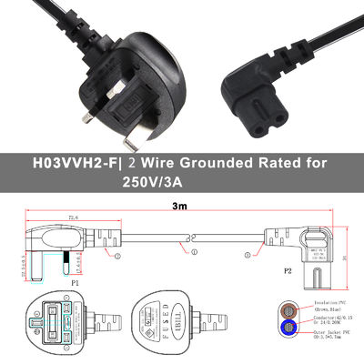 BS Cable de AC de ordenador ángulo derecho C7 Extensión estándar 3 alambre 10A 250V British Cord de alimentación con chaqueta de PVC y IEC Tipo de extremo femenino