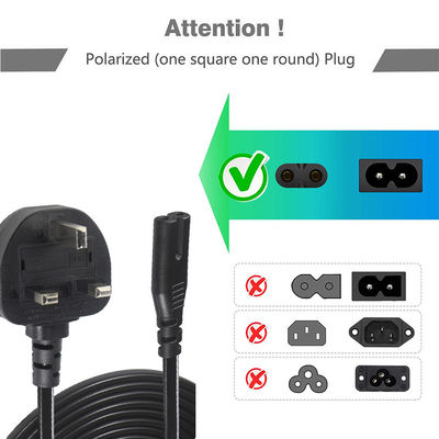 1.8M Negro 0.75mm BS Standard Plug Reino Unido 3 pines para el cable de alimentación de CA C7 de la IEC con longitud personalizada