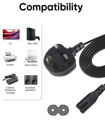 1.8M Negro 0.75mm BS Standard Plug Reino Unido 3 pines para el cable de alimentación de CA C7 de la IEC con longitud personalizada