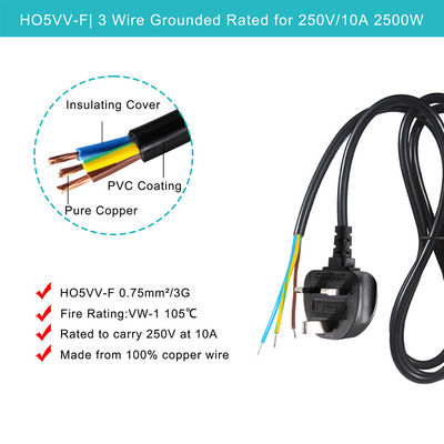 Cable de alimentación con enchufe británico de 3 núcleos, 0.75mm² a 1.5mm² pre-pelado y estañado