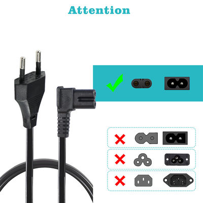 Cable de alimentación C7 de 2 pin a ángulo de la UE para computadoras portátiles/monitores/televisores VDE Material aislante aprobado PVC/cáñamo