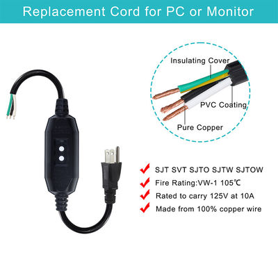 Cables de alimentación de uso pesado de grado industrial 18AWG NEMA 5-15P con protección RCD y extremos de alambre desnudo para maquinaria / electrodomésticos