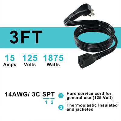 14 AWG SPT-3 Cordón de alimentación de cable plano NEMA 5-15P a 5-15R Enchufe de hoja recta 15A 125V Cable flexible para uso industrial / doméstico
