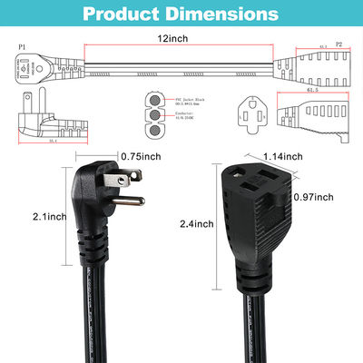 14 AWG SPT-3 Cordón de alimentación de cable plano NEMA 5-15P a 5-15R Enchufe de hoja recta 15A 125V Cable flexible para uso industrial / doméstico