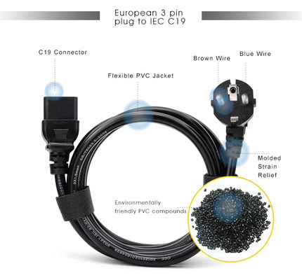 1.2M Carga pesada EU a C19 Cordón de alimentación de grado industrial para uso de servidores / centros de datos 10A 250V CE RoHS certificado