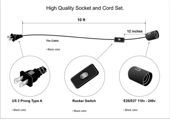 NEMA 1-15P E14 Cable de conversión de enchufe con 303 interruptor - conexión de 3 puntas al adaptador de bombilla para lámpara de mesa / candelabro (125V 3A)