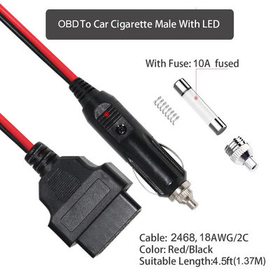 Cable de diagnóstico de encendedor de cigarrillos de automóviles universal para OBD2 para escáner de vehículos con certificación de seguridad de 16 pies 12V-24V