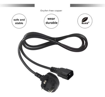 Reino Unido a C14 cable de alimentación 1.2M 250V 10A 16AWG cable blindado para UPS / rack de servidores / dispositivo médico (IP67/RoHS/BS1363)