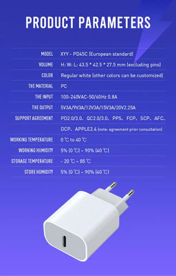 Cargador rápido USB-C de 45W para la UE con enchufe de 2 clavijas para la UE
