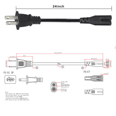 Cable de alimentación NEMA 1-15P a IEC C7 - Cable de enchufe plano a conector en forma de 8 para portátil, reproductor de DVD, consola de juegos, electrodomésticos pequeños