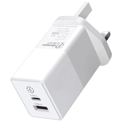 Cargador de pared de 2 clavijas del Reino Unido con puertos USB-C y USB-A, adaptador de corriente de alta velocidad de doble puerto de 65W para portátil/teléfono/tableta