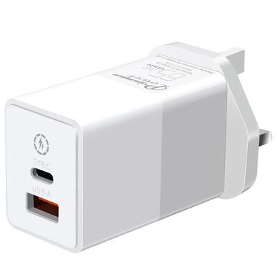 Cargador de pared de 2 clavijas del Reino Unido con puertos USB-C y USB-A, adaptador de corriente de alta velocidad de doble puerto de 65W para portátil/teléfono/tableta