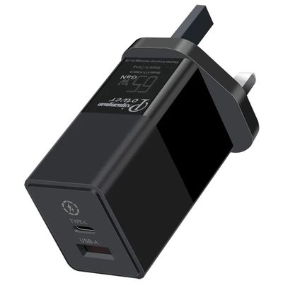 Cargador de pared de 2 clavijas del Reino Unido con puertos USB-C y USB-A, adaptador de corriente de alta velocidad de doble puerto de 65W para portátil/teléfono/tableta