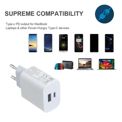 Cargador de pared EU de 2 pines con puertos USB-C y USB-A, adaptador de corriente de 20W de doble puerto compacto para cargar teléfonos y tabletas