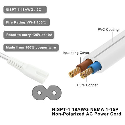 Cable de alimentación de TV QIUCABLE - 2Pack 10FT 2 Prongs Plug no polarizado NEMA 1-15P a C7 Figura 8 Cable de suministro de reemplazo (B0D7RKLTSJ)