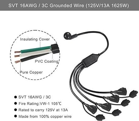 NEMA 5-15P a 2/4-Way Cordón de separación de corriente de salida de EE.UU. - 125V AC Y cable de extensión para el hogar, la oficina, el banco de trabajo, el cargador
