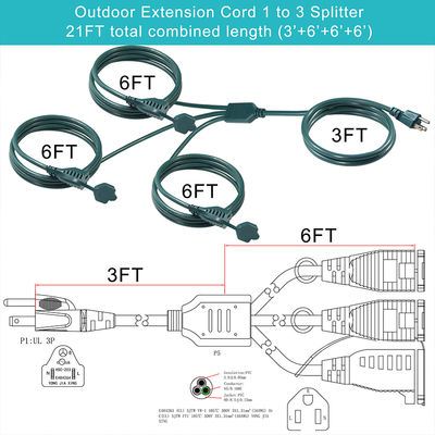 Cable de extensión de alimentación con divisor de salida estadounidense de 3 vías NEMA 5-15P - Cable de alta resistencia de 125 V CA para el hogar, la oficina y el taller