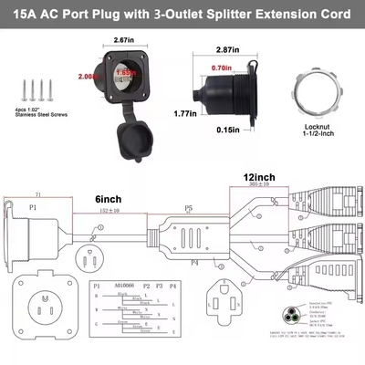 Cable de extensión de alimentación divisora ​​en Y NEMA 5-15P a 2x 5-15R - 2 salidas, 125 V/15 A, con certificación UL para uso en interiores