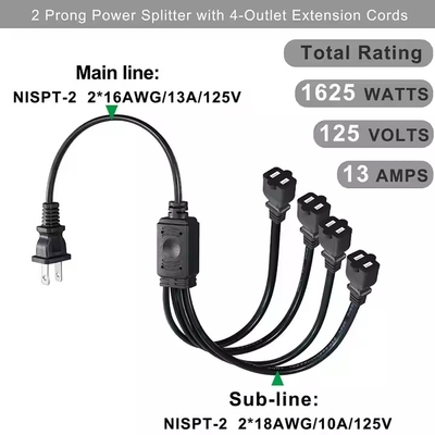 1-a-4 NEMA 1-15P Flat Plug Power Splitter - Ahorro de espacio 125V 15A Extensión de salida múltiple para el hogar / oficina