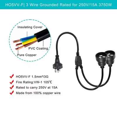 Cable de extensión divisor de enchufe AU a 2 x tomas AUS - Cable de alimentación de red australiano de 3 clavijas