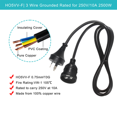 Universal 3 Pin Australia Aus Nzs Plug Cable de computadora de hombre a mujer Cordón eléctrico