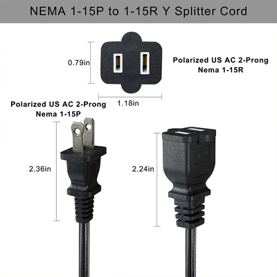 Cable de extensión de 2 clavijas NEMA 1-15P a 1-15R, 110V-250V, cobre, PVC