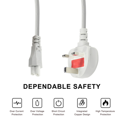 Cable gris de Reino Unido a C5 Cordón de alimentación 1.5M Cable de hojas de trébol de 3 puntas 250V 2.5A