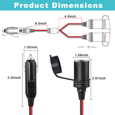 12V del auto del encendedor de cigarrillos a doble enchufe Splitter Adaptador de cable de extensión para la fuente de alimentación de corriente continua GPS Dash Tablet de cámara